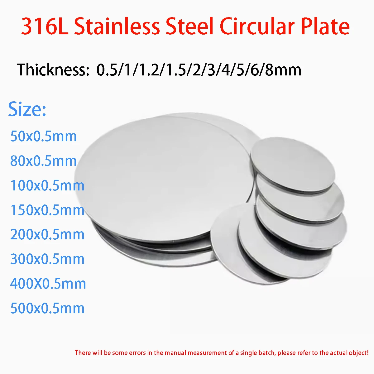316L Stainless Steel Plate Round Steel Plate Thickness0.5/1/1.2/1.5/2/3/4/5/6/8mm