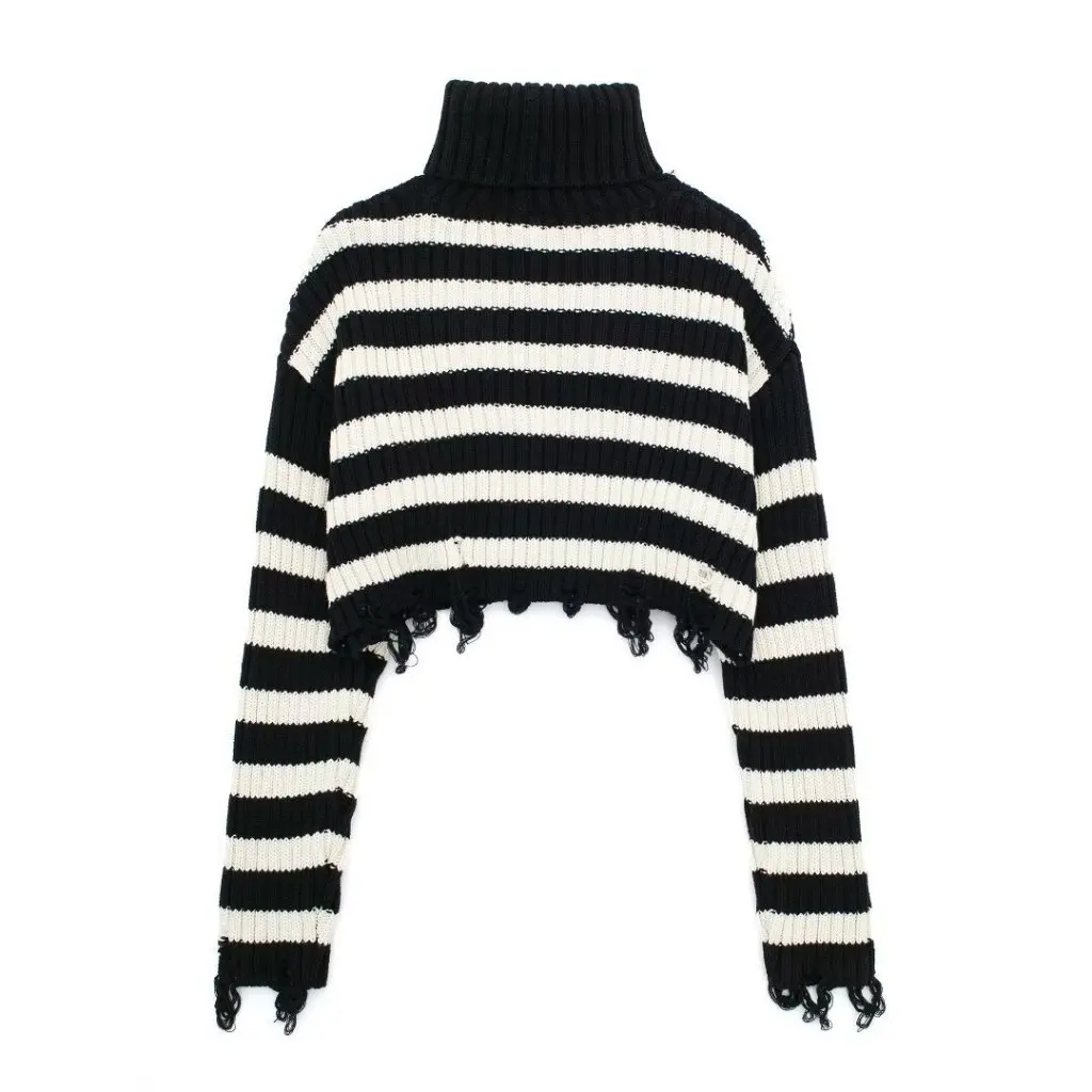 

Women's Retro Striped Short Sweater Turtleneck Loose Fitted Spring Autumn American Style Ripped Frayed Open Cardigan