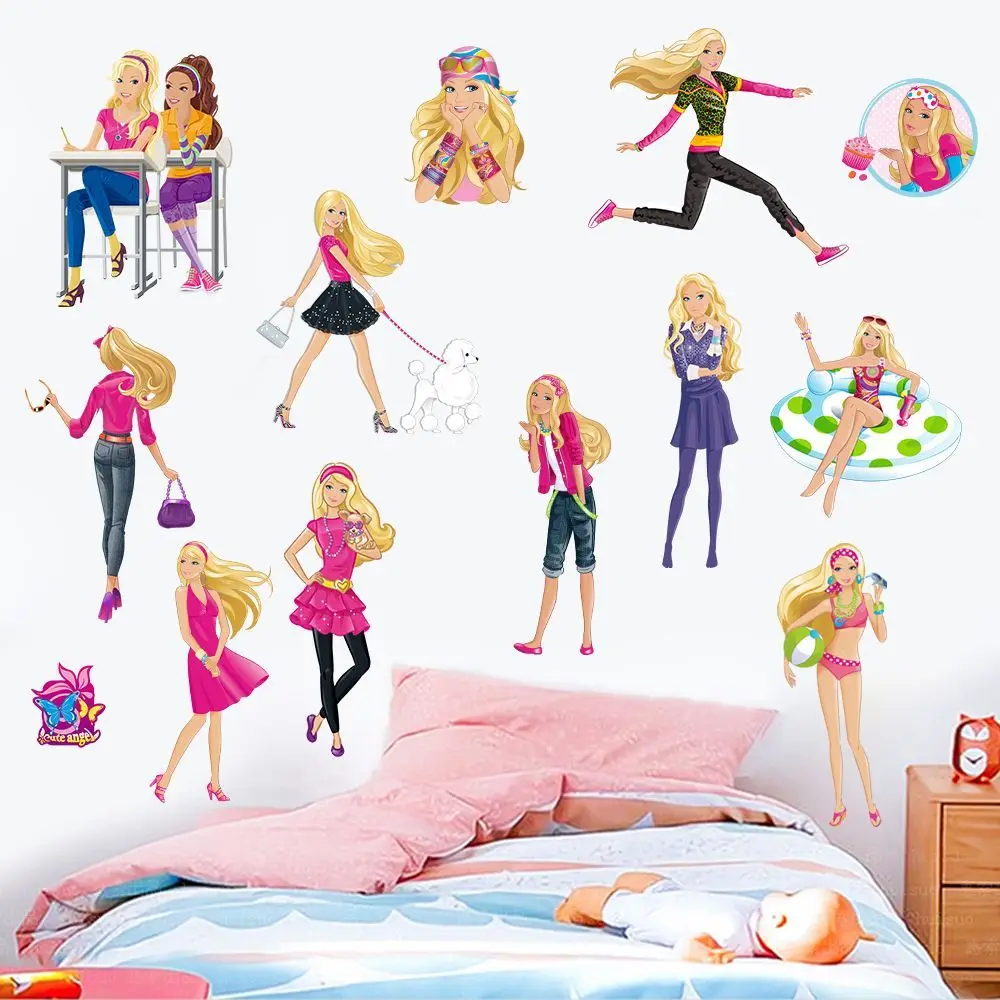 Miniso Barbie Wall Paper Cartoon Anime Creative Stickers Girly Heart Room Decor Window Car Waterproof Self Adhesive Sticker