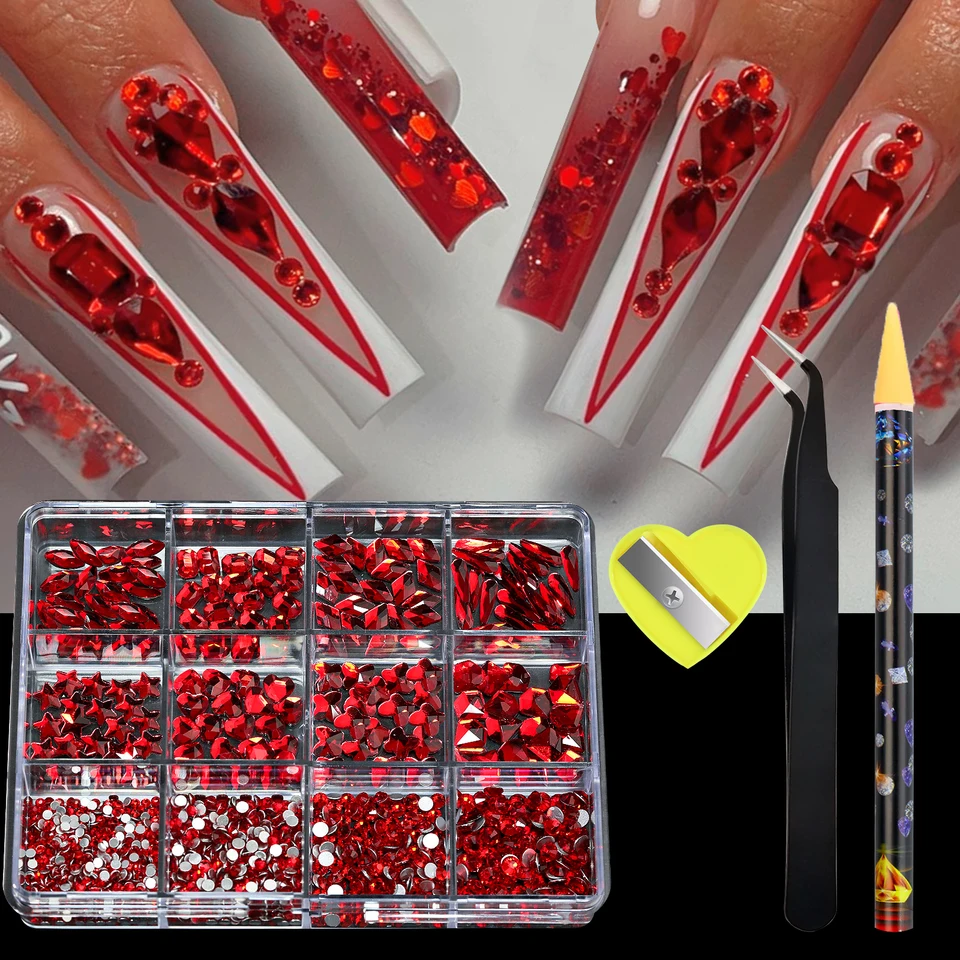 780-980 piezas de strass 3D de lujo para uñas, cristales transparentes/AB/rojos/azules de base plana, con lápiz de cera y pinzas, en caja 3