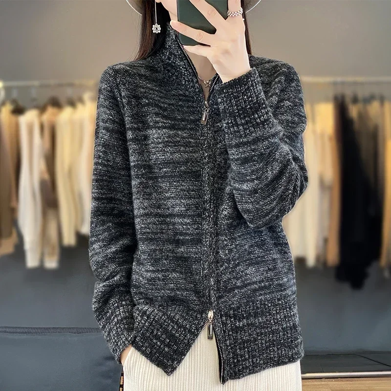 

New Hot Selling Women's Half High Collar Cardigan 100 Pure Wool Sweater Long Sleeve Knitted High Grade Comfortable Coat Women's