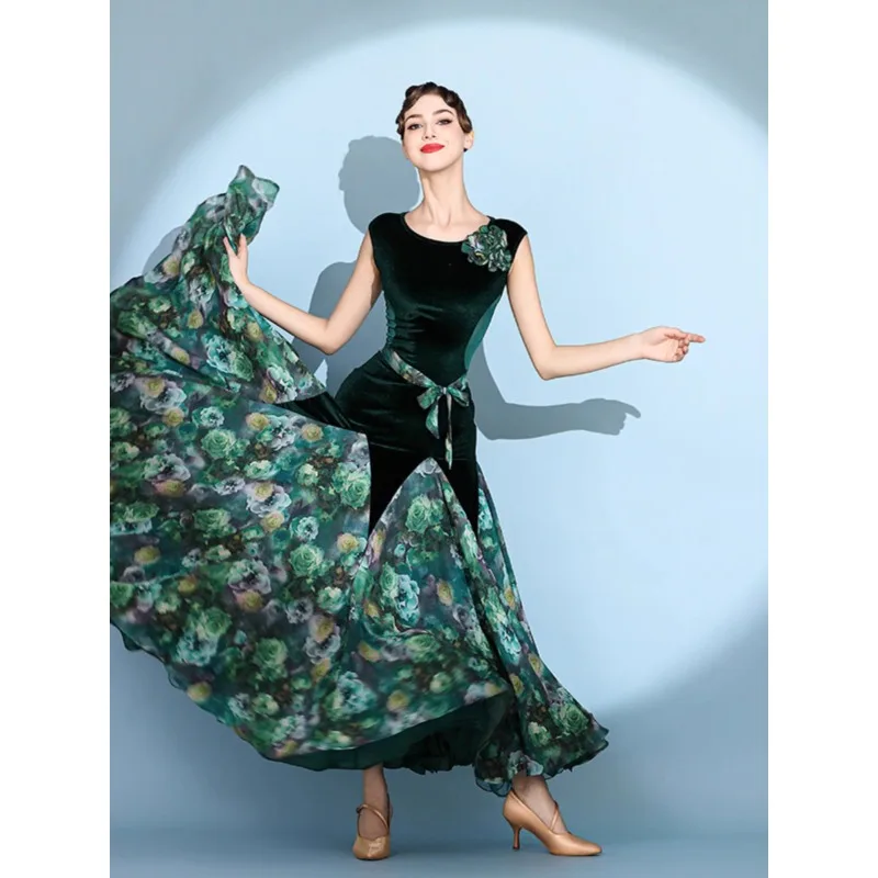 Printed Modern Dance Dress 2122 Sleeveless Velvet National Standard Dance Performance Waltz Social Dance Dress
