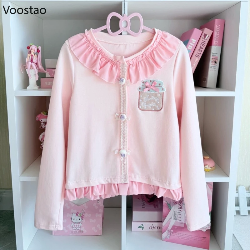 

Japanese Kawaii Lolita Style Ruffles O-Neck Coat Women Sweet Cartoon Embroidery Candy Button Jacket Cute Girls Y2k Aesthetic Top