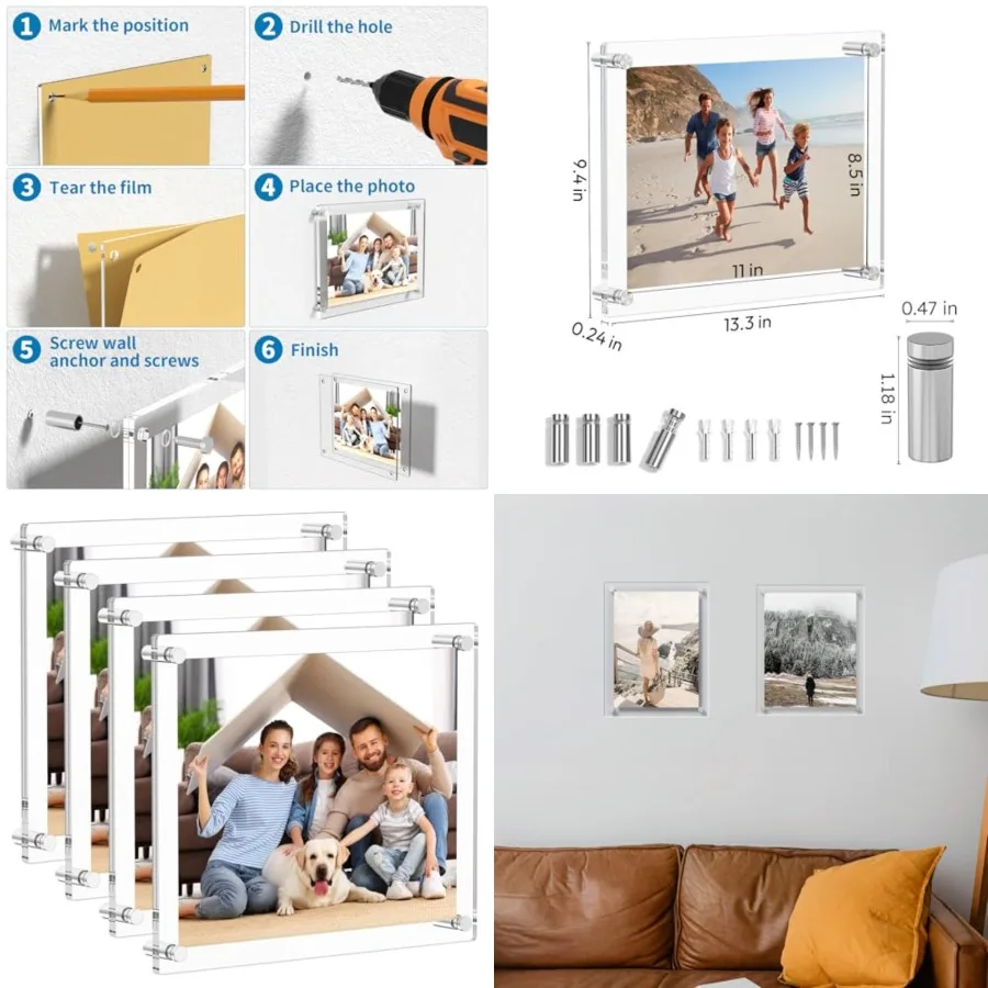 

8.5x11 Acrylic Picture frame 4 Packs,Modern Hanging Transparent Lucite Square Frames for Photo Diploma Degree Certificate Art Wedding Gallery Display, Double Panel