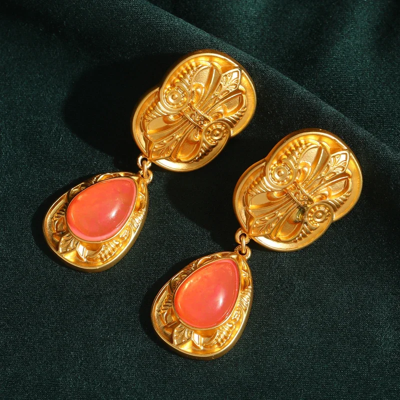 

Vintage Statement Style Orange Drop Earrings Gold Color Stone Carving Flowers Antique Crystal Jewelry Party Accessories 2025 New