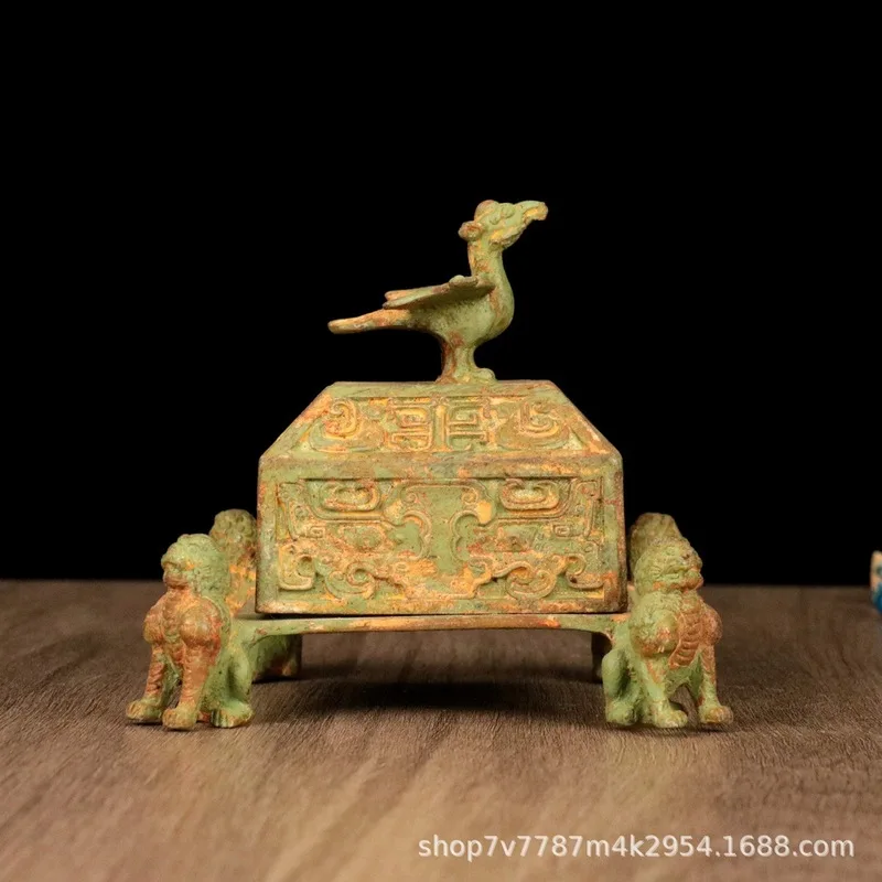Brass alloy craft item: Quadrilateral beast-footed Vermilion Bird incense burner, home decoration ornament