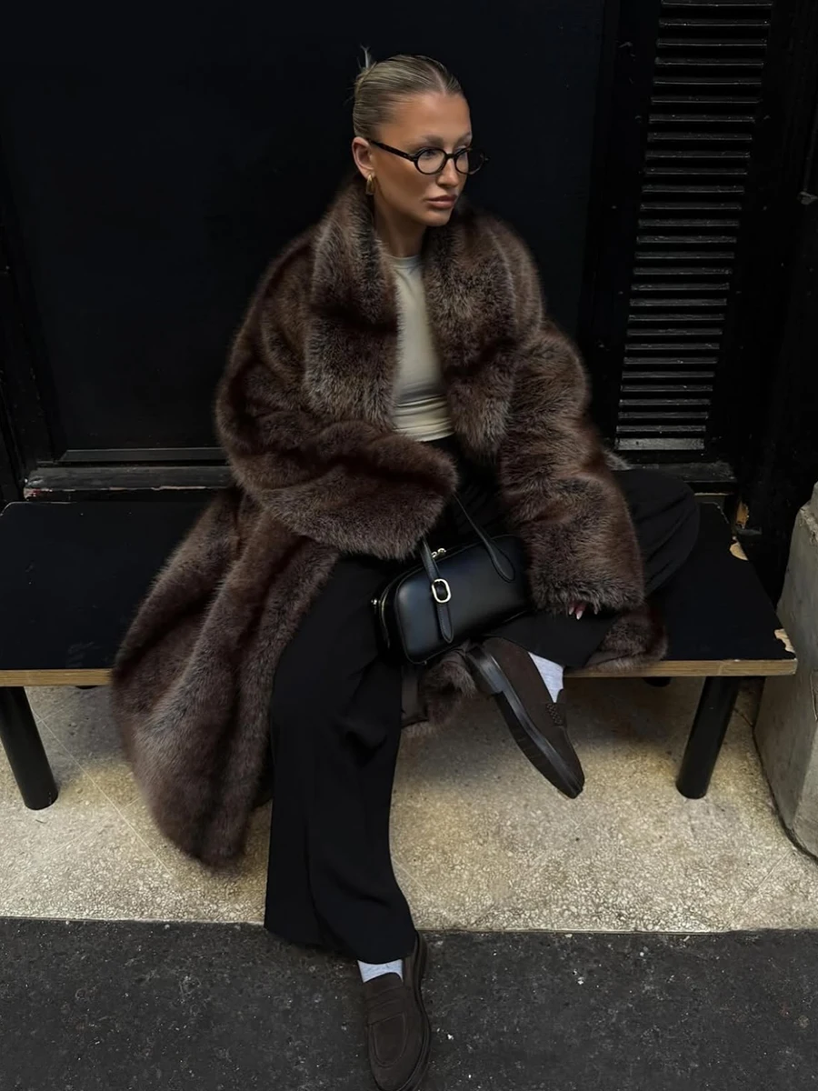 Brown Stripes Gradient Premium Faux Fur Maxi Long Coat Luxury Vintage Fluffy Lapel Collar Midi Coat Pinterest Style Slay Outfits