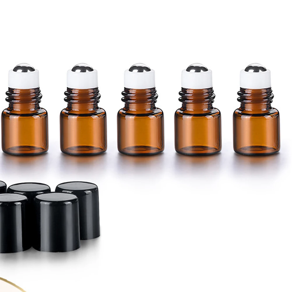 5Pcs Portable Roll-on Essential Oil Bottles Leak Proof Glass Perfume Dispensing Refillable Travel Bottles Black Lid