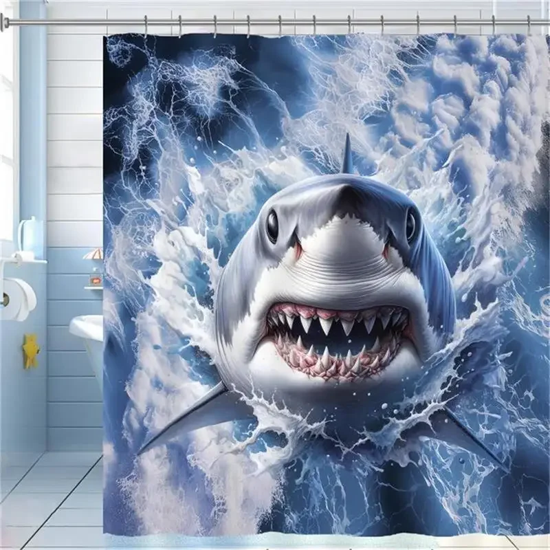 Blue Ocean Shark Shower Curtain Fierce Animals Sea Waves Scenery Home Bathroom Decor Polyester Fabric Bath Curtains with Hooks