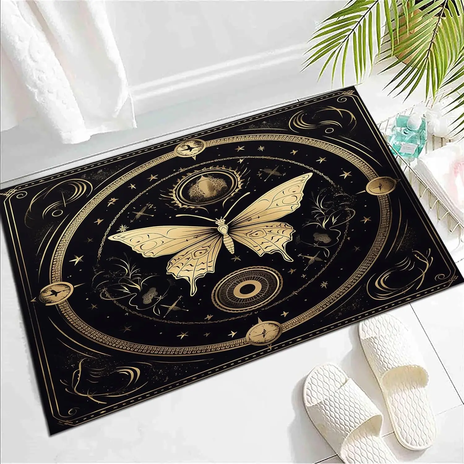 Butterfly Area Rug for Living Room Bedside, Gothic Moth Doormat Astrology Style Carpet Boho Exotic Starry Sky Indoor Floor Mat