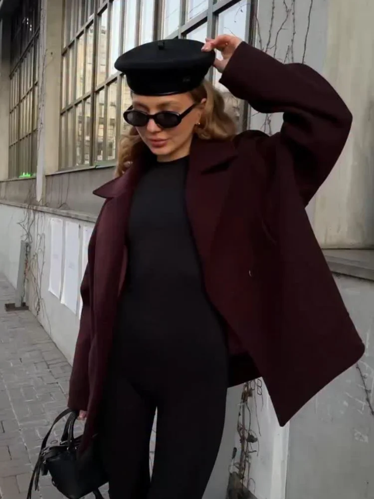 Casual rua feminino novo início do outono casacos rendas até lapela casaco de lã mulher cor sólida mangas compridas solto único botão casacos