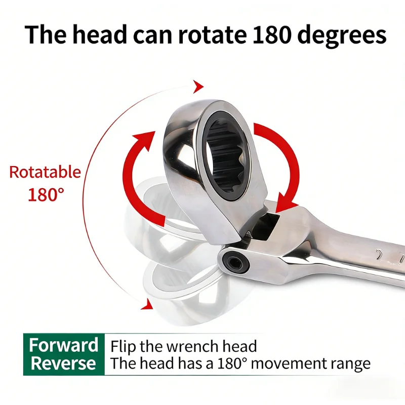 10-17mm Flex Head Ratcheting Combination Wrench 72-Tooth 180° Flexible CR-V Steel Auto Repair Tool Multiple Sizes Optional