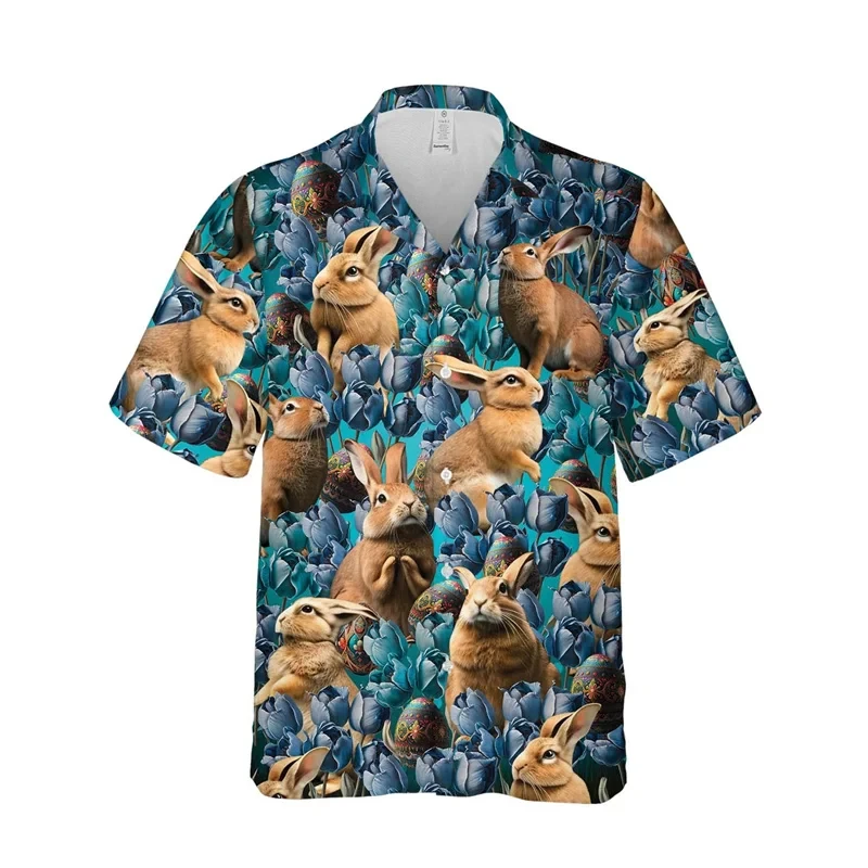 Happy Easter Day Shirts For Men 3D Print Egg Graphic Casual Hawaiian Beach Shirt Cartoon Cute Rabbit Button Blouses Tops