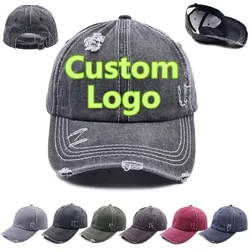 Custom Logo Unisex Vintage Washed Cotton Hole Distressed hat Sports Baseball Cap Men  Adjustable Dad Hats Woman Snapback Hat