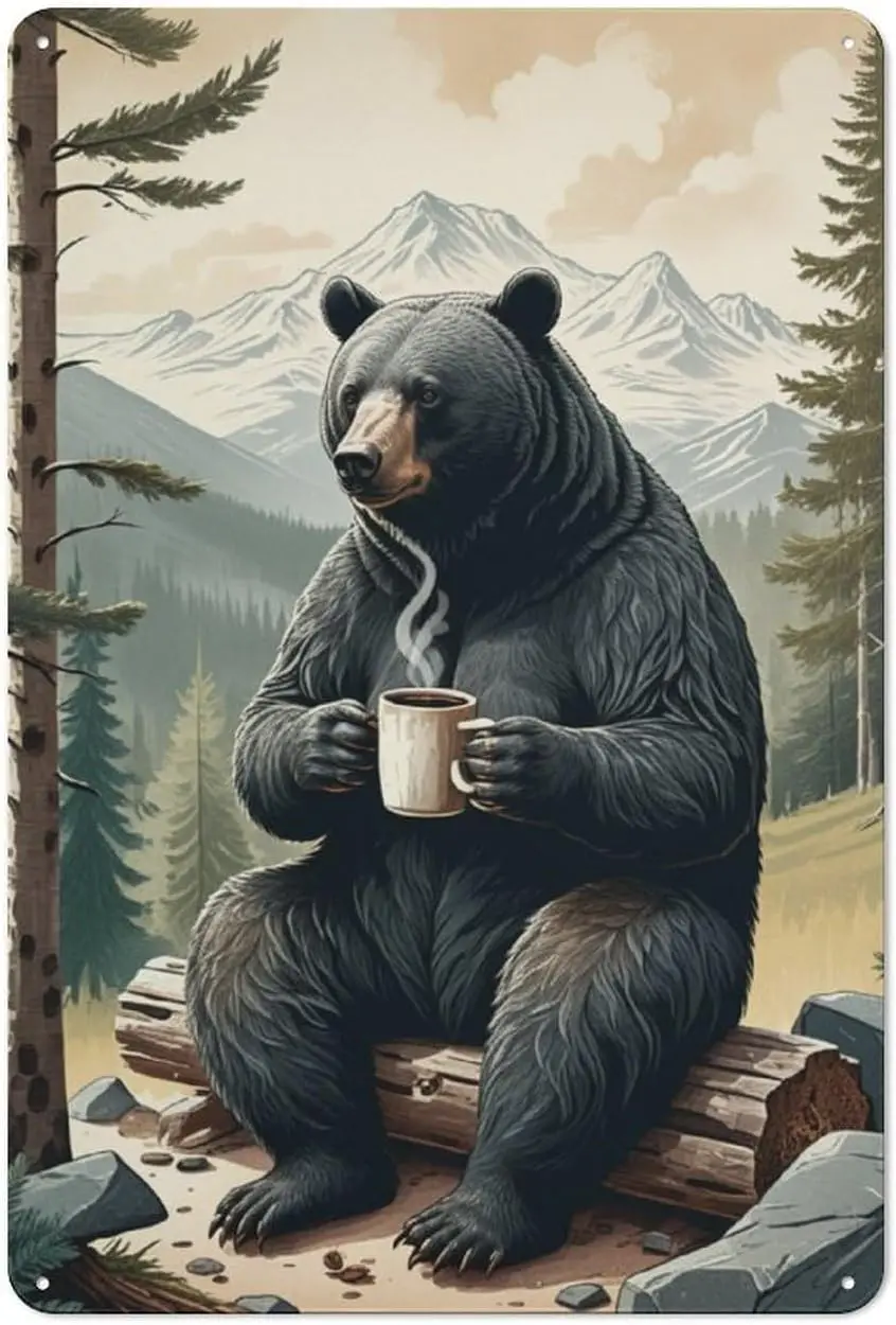 Rustic Cabin Wall Decor Art Coffee Bear Metal Tin Signs Vintage Wilderness Cafe Featuring Bears,Forest Scenes,and to Transform Y
