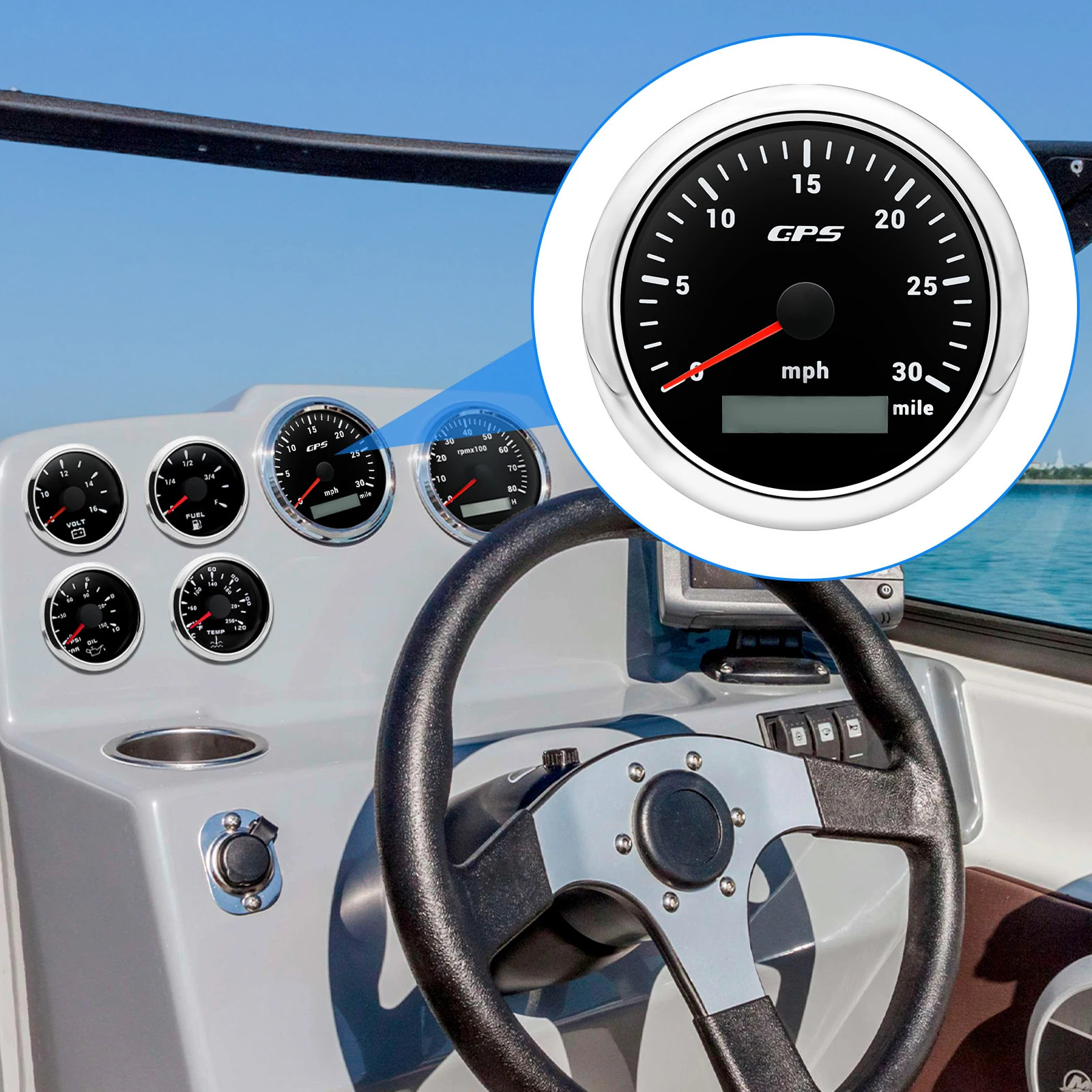 60 120 200 KMH MPH 85mm Marine GPS-Tachometer Bootsgeschwindigkeitsmesser mit GPS-Antenne Motorrad-Autoanzeige für Audi A3 A4 7-Farben-LED – Detail 10