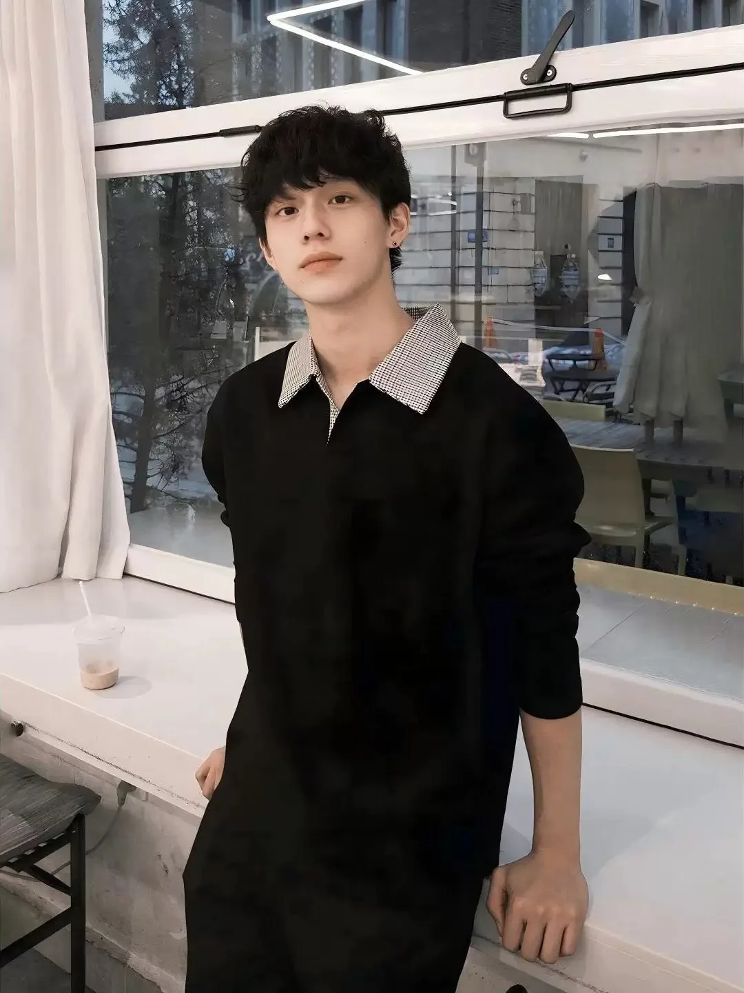 

Длинный свек с воротником в клетку в американском стиле ретро, мужской повседневный свободный универсальный топ ранней осени CleanFit Sli с восьмиугольным узором