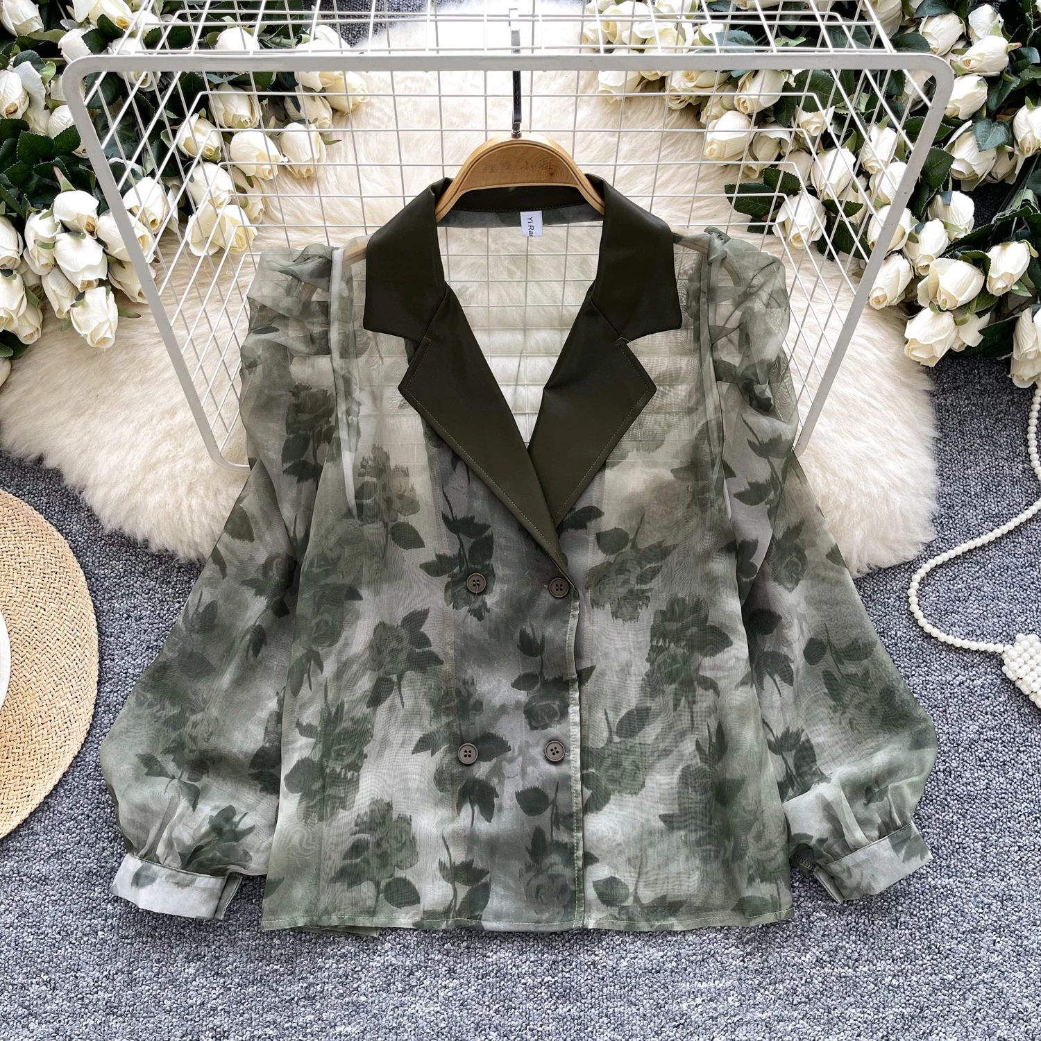 

Vintage Celebrity Elegant Women Sheer Flower Print Shirts Summer Fashion Long Puff Sleeve Sheer Blouse Sun Protection Mesh Tops