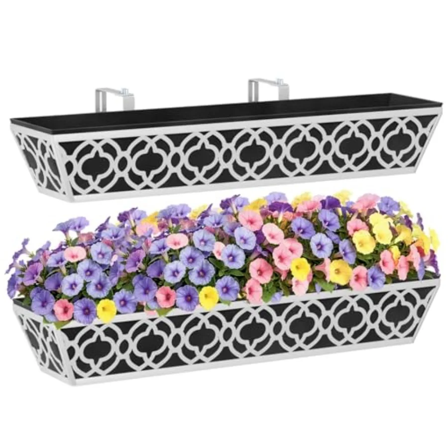 

2 Pack 30 Inch Railing Planter Boxes for Balcony Deck Fence, Gray Metal with Adjustable Brackets Non-Woven Fabric Liner, Outdoo