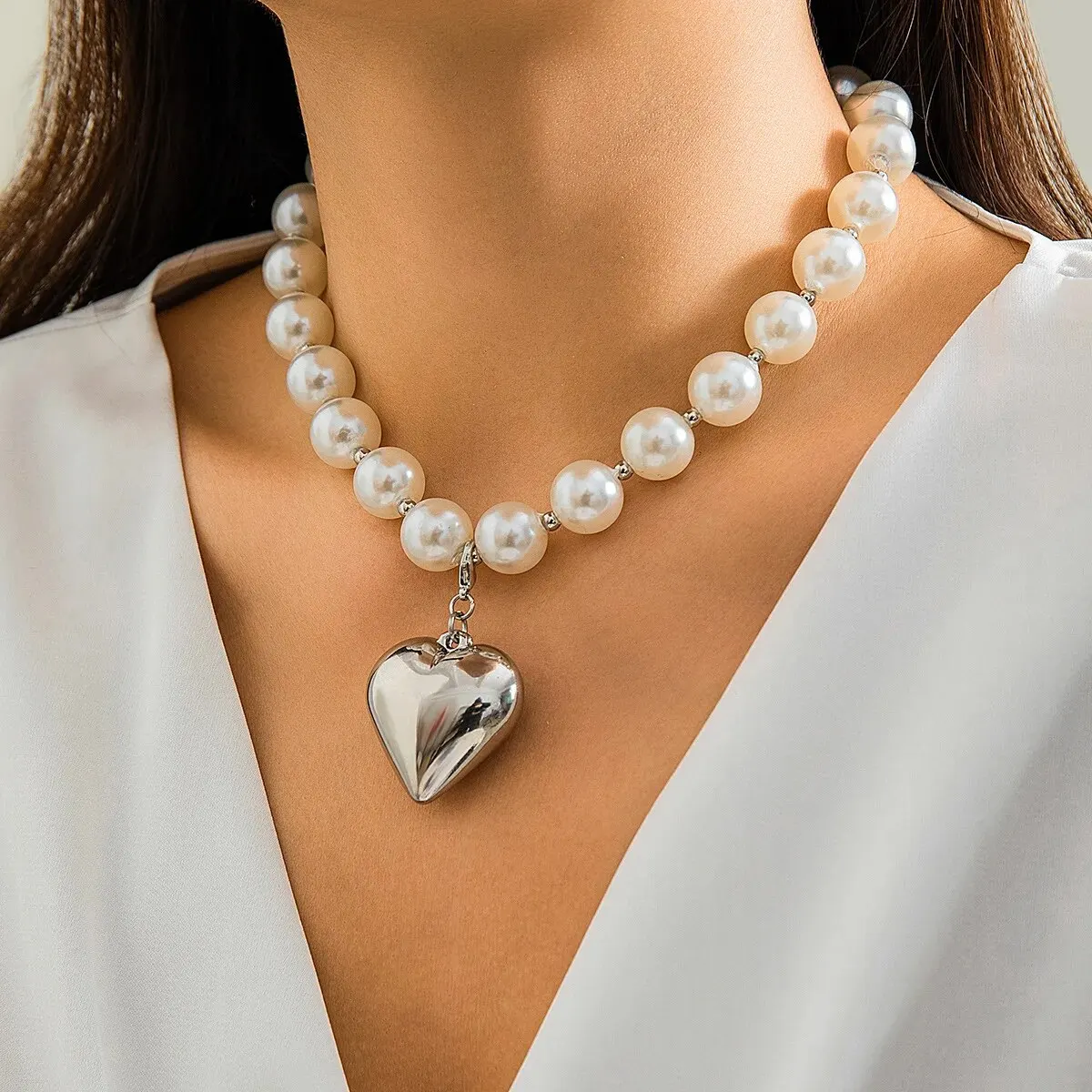 2Pcs Elegant Goth Imitation Pearl Beads Chain Necklace for Women 