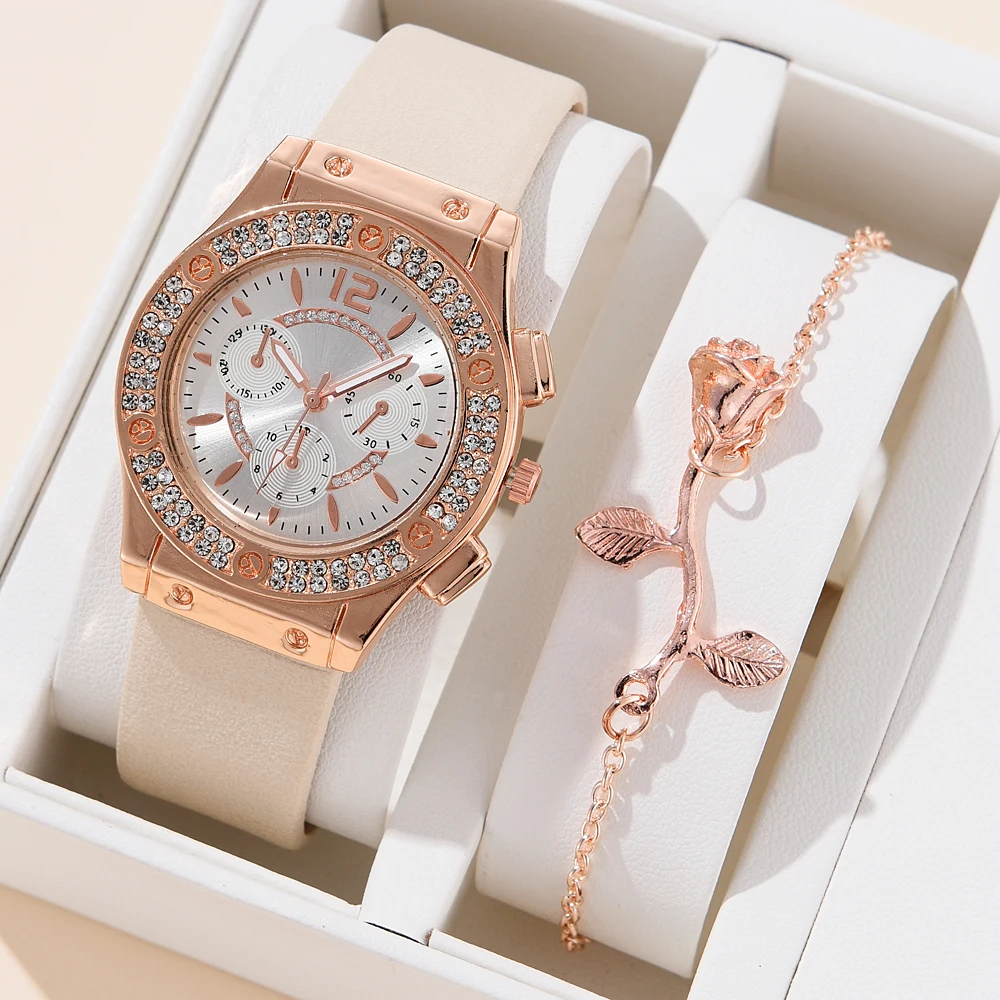 2 piezas para mujer, reloj de pulsera de aleación de oro rosa, elegante, de cuarzo