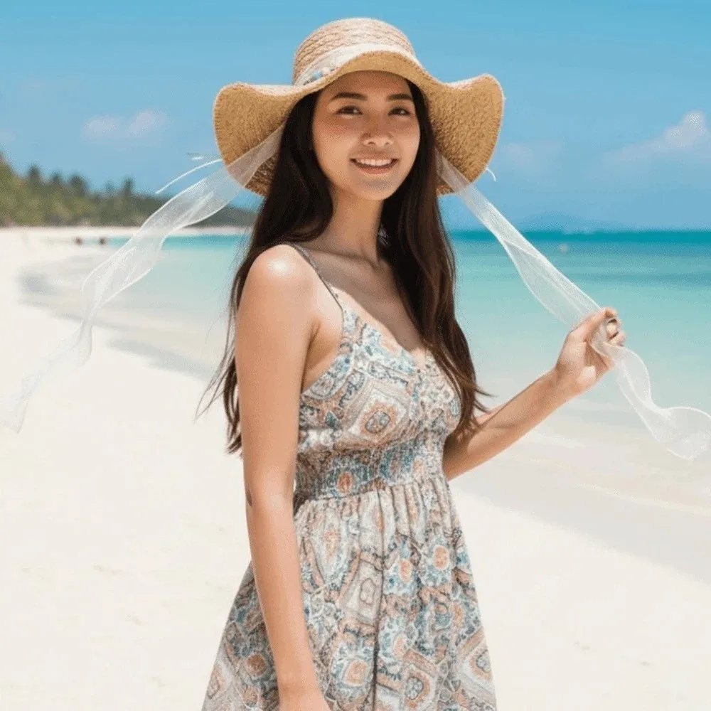 

Breathable Vacation Beach Cap Lightweight with Lace Big Brimmed Straw Hat Sunshade Topi with Turquoise Woven Sun Cap Masquerade