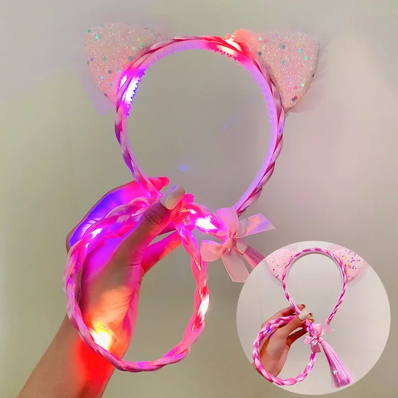 1pcs Glow Light Up Party Sequin Lace Long Ponytail Braid Cat Ears Headband   Hairband for Women Girls Wedding Festival