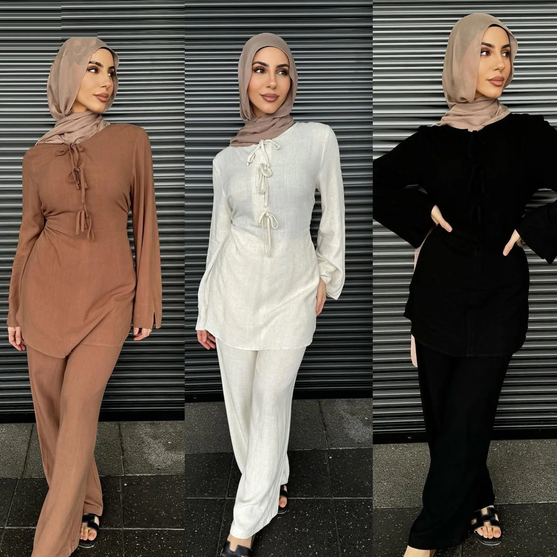 Eid Ramadan Zweiteilige Sets Tops und Hosen Damen Muslim Abaya Marokkanischer Kaftan Islamische Kleidung Musulman Ensembles 2025, Schleifen-Outfits