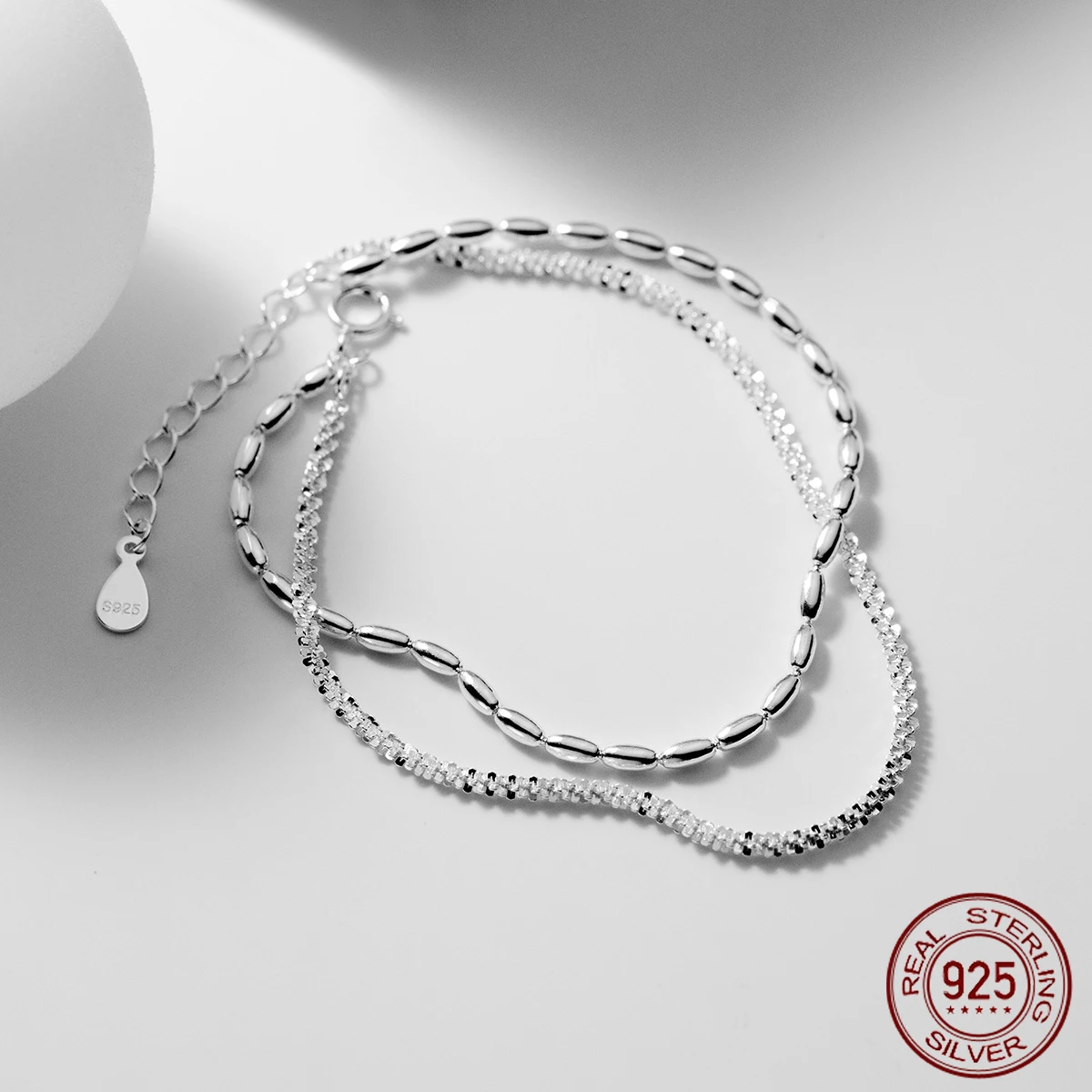 La Monada 15.5+3.5cm Simple Bracelets For Women Silver 925 Two Layer Bean Sterling 925 Silver Women's Bracelet Beautiful Shine