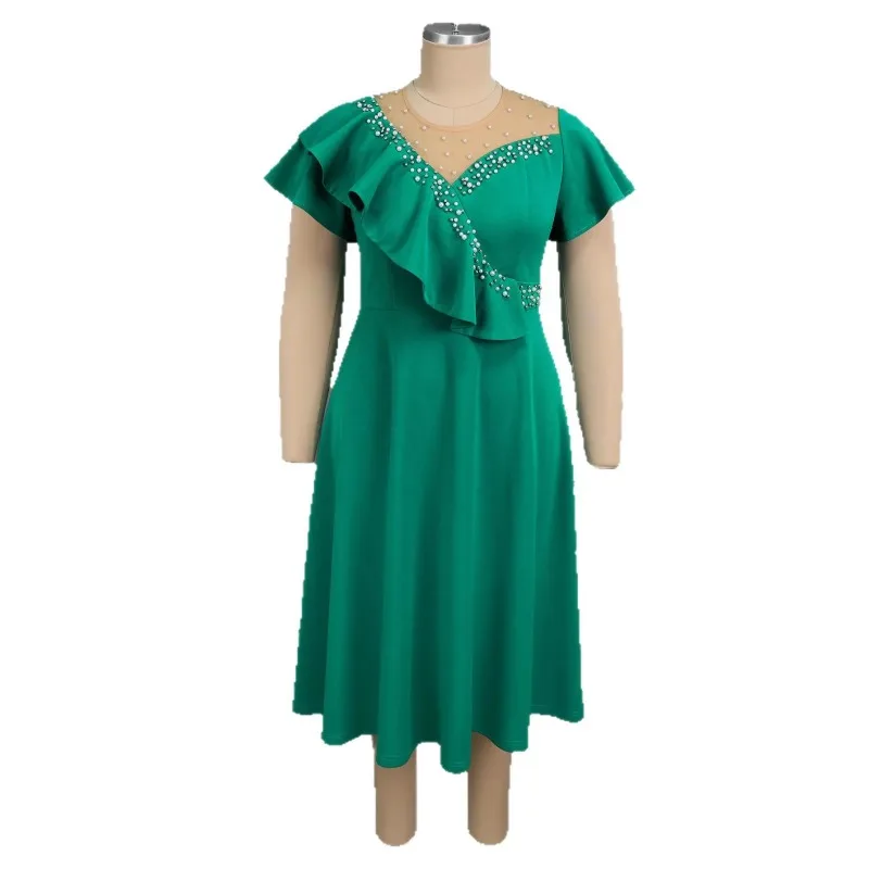 여성을위한 L-4XL 플러스 사이즈 아프리카 드레스 가을 우아한 아프리카 짧은 소매 메쉬 폴리 에스터 미디 드레스 대시 키 아프리카 의류