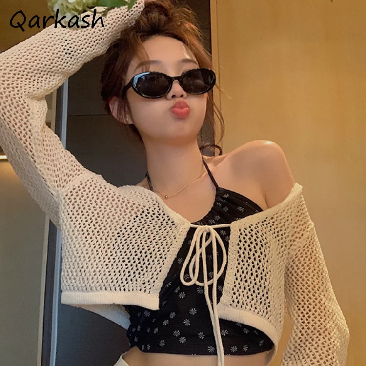 

Cardigan for Women Drawstring Knitted Long Sleeve Korean Style Crop Tops Simple All-match Summer Thin Hollow Out Sun Protection