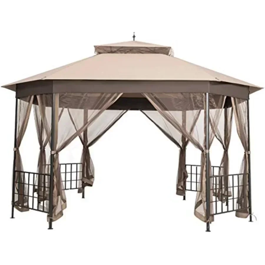10 x 12 Ft Heavy Duty Octagonal  Tent Patio Gazebo with Netting Sidewalls and Sturdy Steel Fe Double Roof Vented Gazebo  Shelte