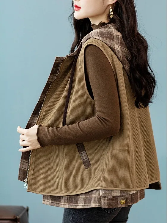 Chic Corduroy Vest Women's Autumn 2026 New Style plus Size Fat MM Hooded Jacket Casual Versatile Outerwear for Teen Girls