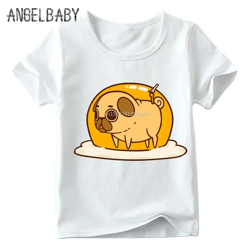 Baby Boys and Girls Cartoon Pug Dog Pancakes Food Print T shirt Kids Funny T-shirt Children Summer White Tops,ooo2161