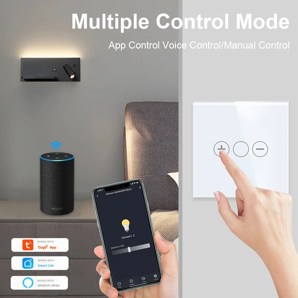 TAWOIA Smart Dimmer Switches 1Gang Wifi Control Led Dimmer White Black Gold Grey Glass Panel Support Tuya Google Smart Life App