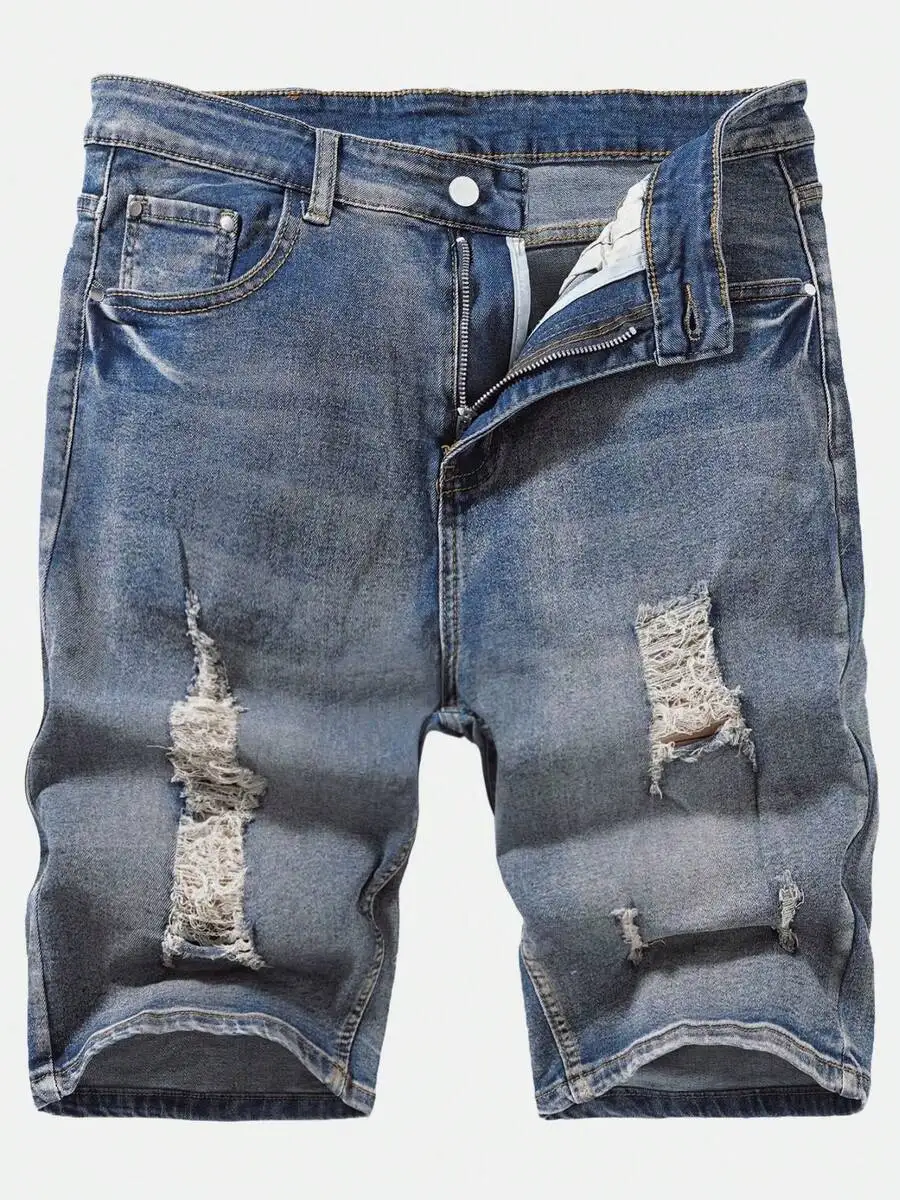 Mens Slim Fit Distressed Denim Shorts With Holes And Patches Knee Length Casual Summer