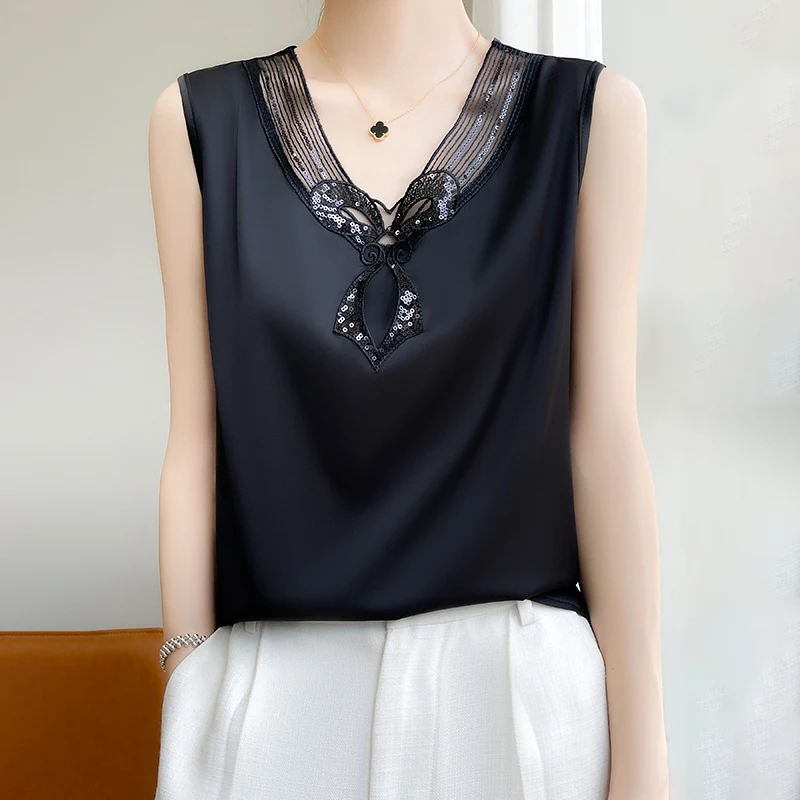 Lace Sleeveless Loose Vest V-Neck Pullover with Suspended Top Women's Summer Satin Temperament Lace Bottom Shirt Korean Editions