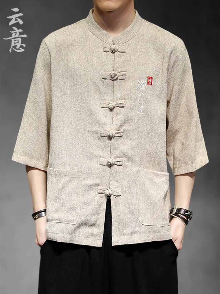 

Summer Chinese Sle irt Men's Embroidery Zen Tea Costume Stand Collar Tang Costume Five-Quarter Sve Hanfu Retro Zhong...