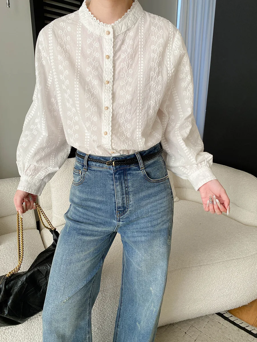 

2026 Women Lace Stand Collar Blouses Embroidery Deign Womens Tops And Blouses Fashion Shirts Blusas Roupa Feminina