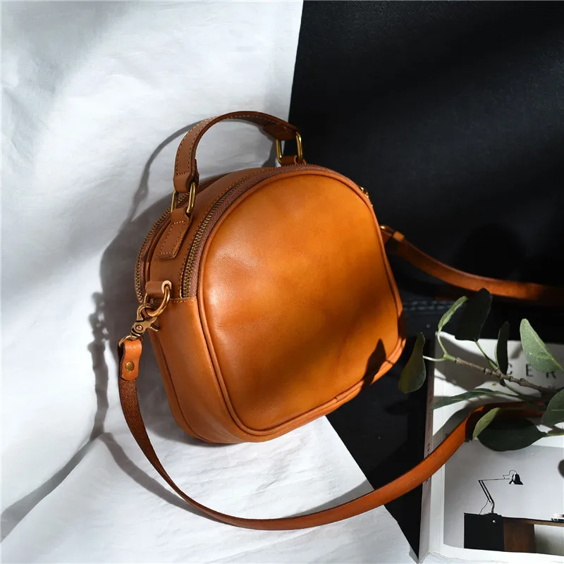 

Fashion vintage organizer genuine leather women's 2 zipper small round handbag simple cowhide female shoulder messenger bag