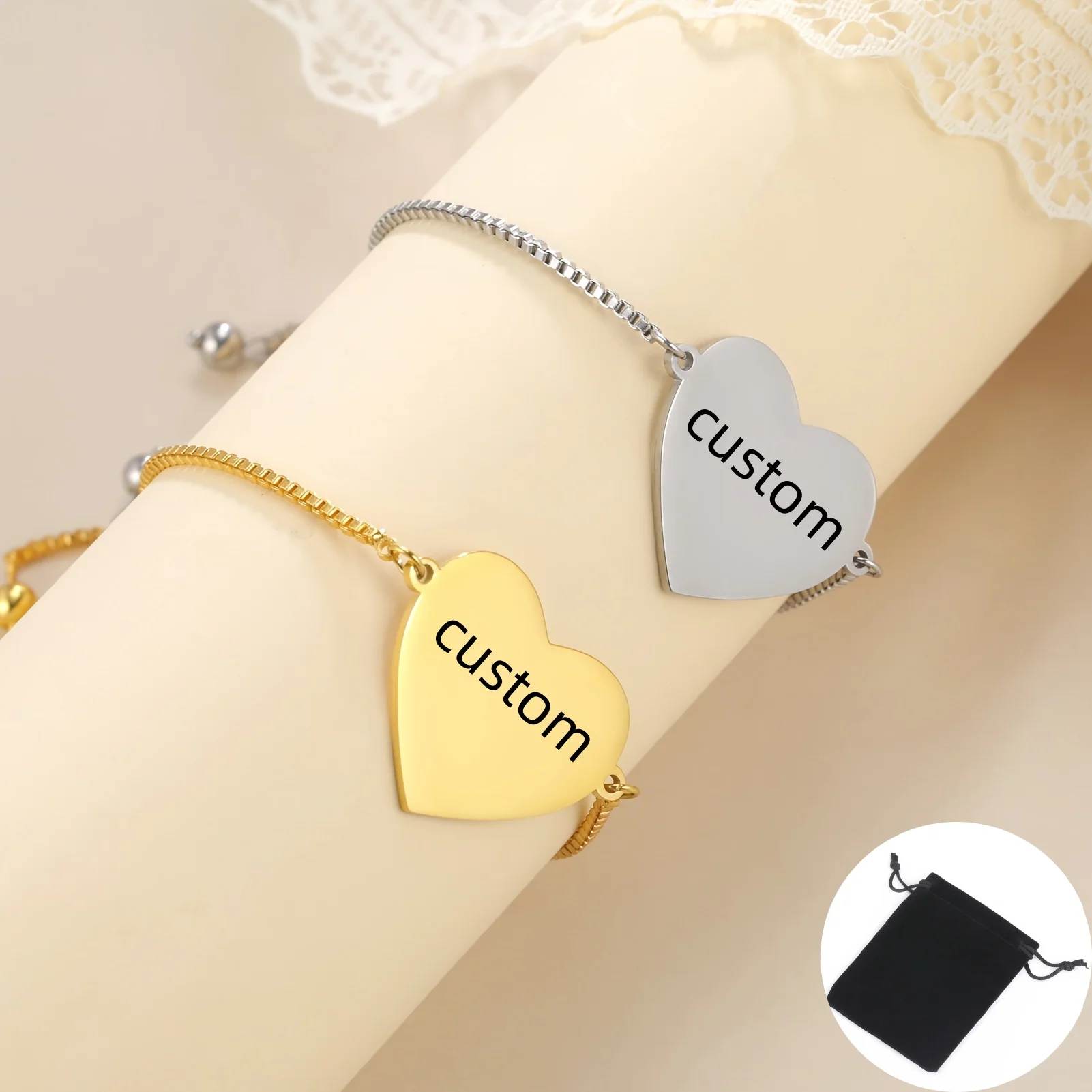 Customized Name Text Date Love Adjustable Bracelet Stainless Steel Couple Charm Heart Bracelet Fashion Jewelry Gift