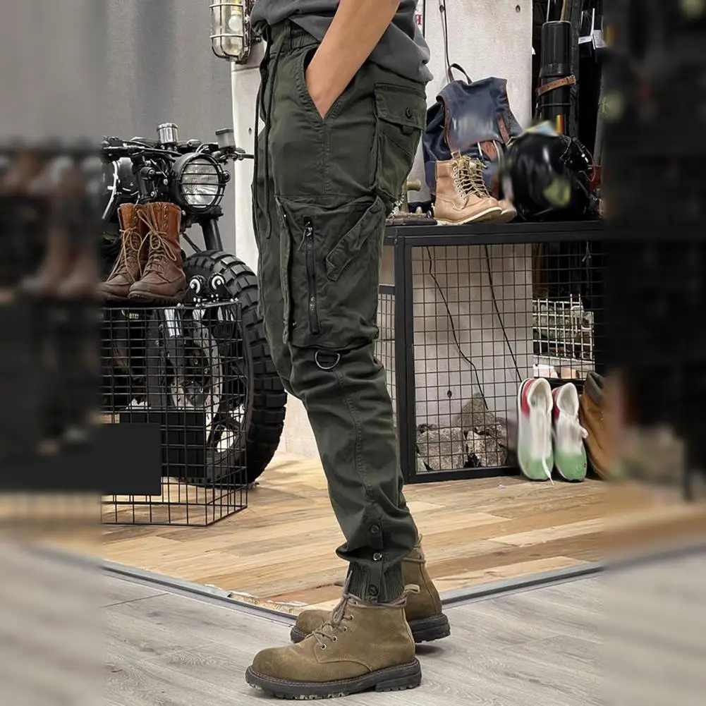 Spring Fall Men Cargo Pants Drawstring Waist Multi Pockets Ankle-banded Solid Sport Trousers Outdoor Training Exercise Trousers