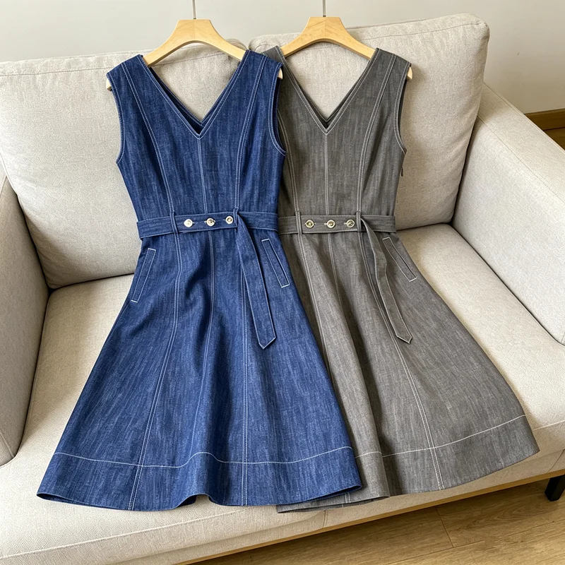 2026 Spring and Summer New B*C Cotton Belt V-neck Sleeveless Strap Dress for Women