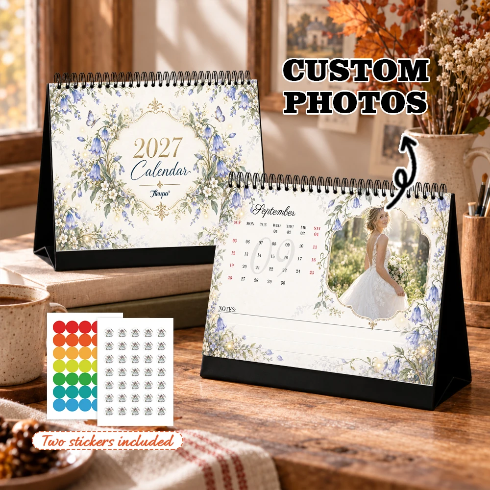 1pc/2pcs Customizable 2027 Calendar,Bellflower Floral Personalized Table Calendar with Stickers,Birthday Christmas New Year Gift