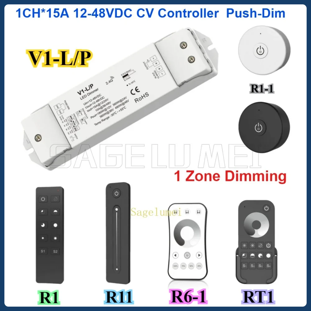 V1-L/P CV Controller Skydance 1CH*15A DC12-48V Self-Reset Switch 2.4G RF Push-Dim PWM Dimmer for Single Color LED Strip Light
