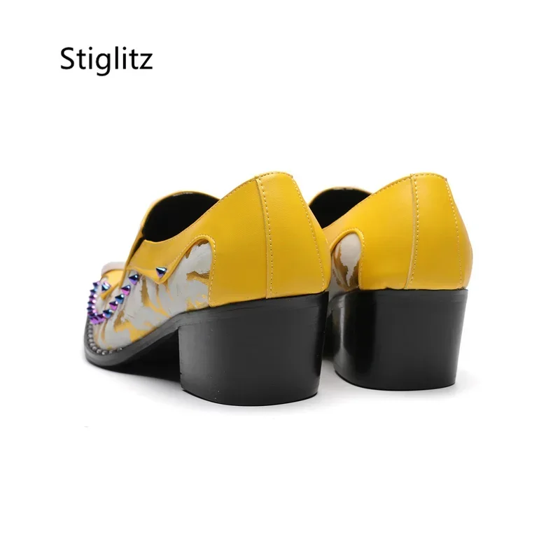 Yellow Print Genuine Leather Shoes for Men Patchwork Metal Toe Rivet Casual Business Shoes with Heels Retro Party Dress Shoes view 4
