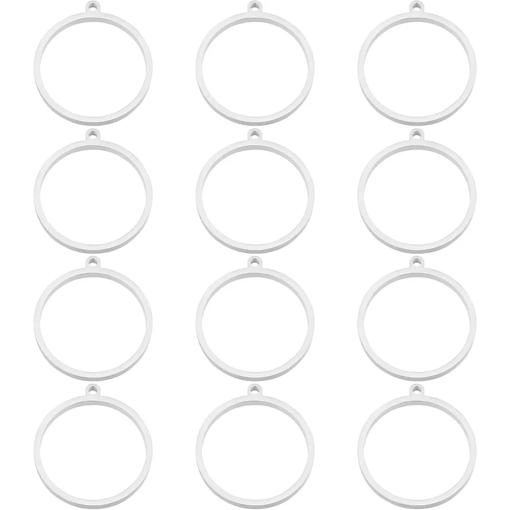 12Pcs Stainless Steel Open Back Bezel Pendants Ring Circle Shape Charms Manual Polishing Hollow Frame Pendants for DIY Resin