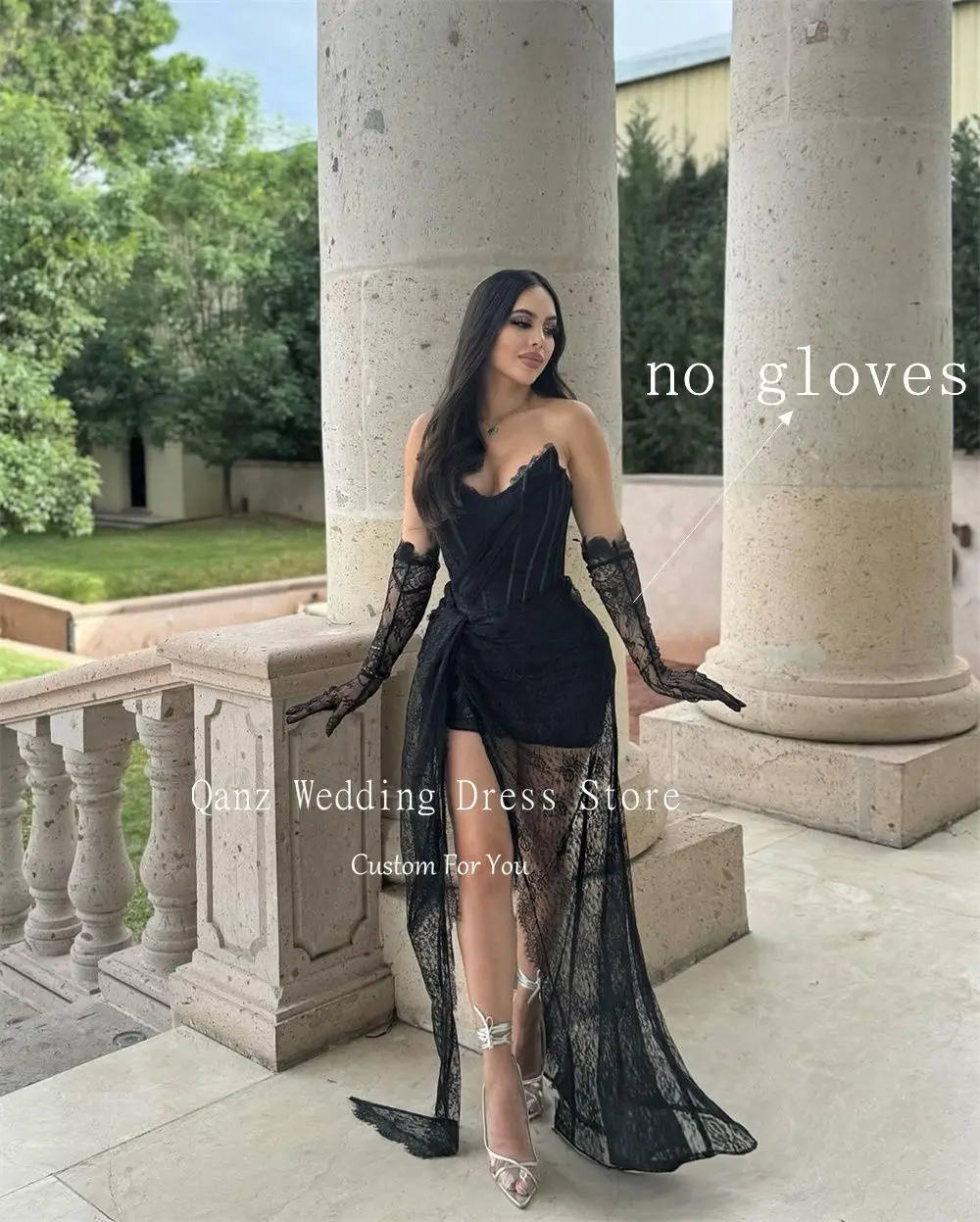 Qanz Customized Lace Evening Dresses Woman Elegant Black High Slit Strapless No Goves Corset Back Robes De Cocktail Party Gowns