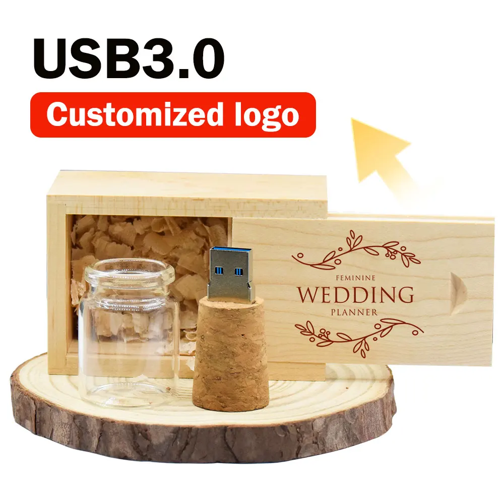 USB 3.0 U Disk Стеклянная бутылка для дрейфа с пробковым флэш-накопителем Pendrive 4 ГБ 8 ГБ 16 ГБ 32 ГБ 64 ГБ 128 ГБ Свадебный подарок (бесплатный логотип)