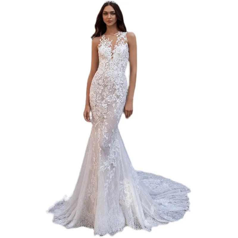 Abiti da sposa sexy personalizzati con applicazioni in pizzo tulle sirena illusione per donna 2024 abiti da sposa corte strascico abiti da sposa